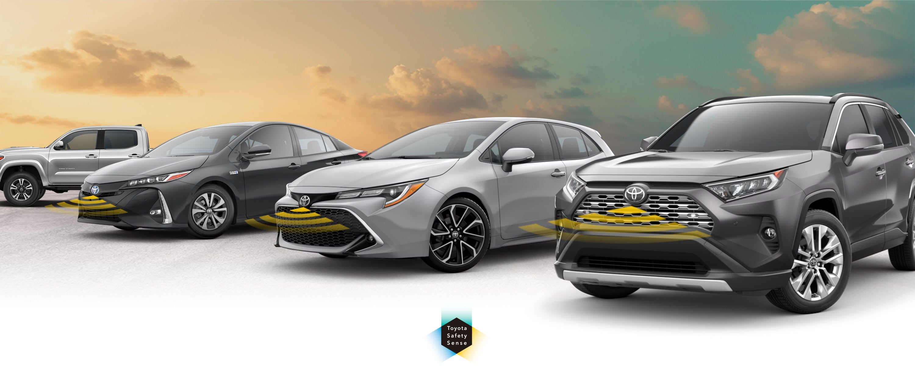 Toyota Safety Sense: Designed for Safety. Options shown on Toyota models including RAV4, Tacoma, and Camry, available now at Billion Toyota of Clinton in Clinton IA.